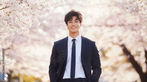 はる 春 日本人 日本 桜 さくら 男性 アジア人 モデル スマイル ビスネス スーツ プロ ポートレート 顔 ピンク 空白 コビースペース