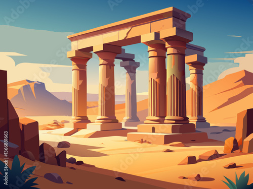 colorful illustration of a temple ruin in the desert