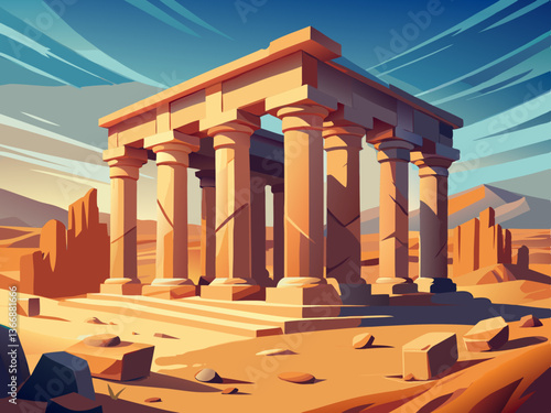 colorful illustration of a temple ruin with carved pillars and desert