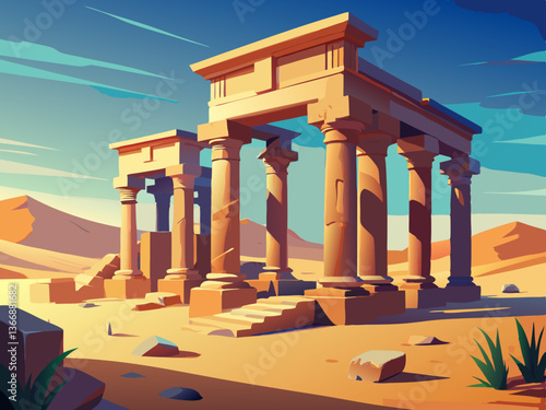 colorful illustration of a temple ruin in the desert