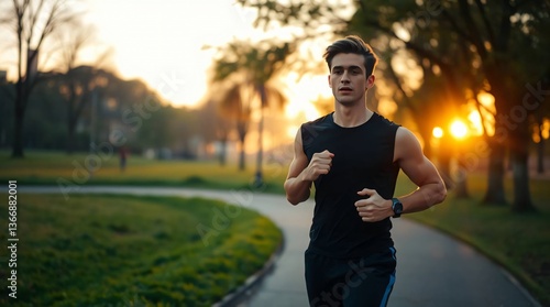 Fototapeta Naklejka Na Ścianę i Meble -  fit young man light skin jogging on a peaceful park trail at sunrise