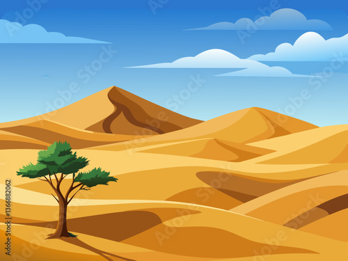 colorful illustration of a vast plain of sand dunes with single tree