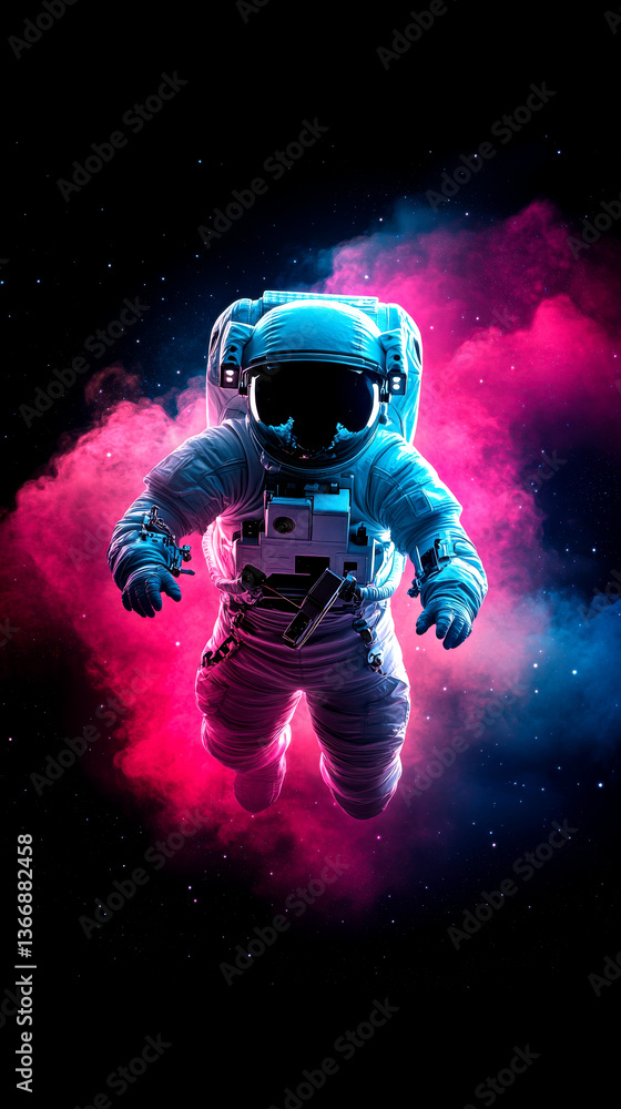 An astronaut floats in a colorful cosmic background, surrounded by vibrant pink and blue nebula-like clouds. An astronaut floats in a colorful cosmic background, surrounded by vibrant pink and blue nebula-like clouds.