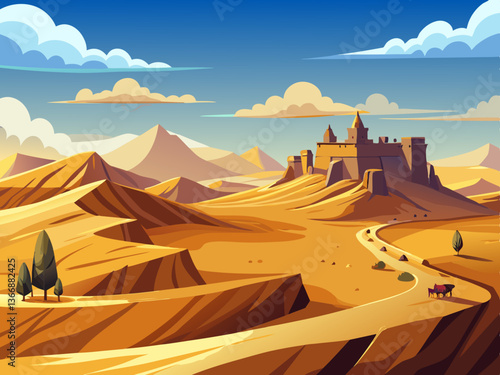 colorful illustration of a vast desert with plateau