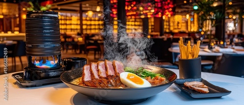 Delicious Ramen with Seared Duck Breast in Upscale Restaurant Setting.