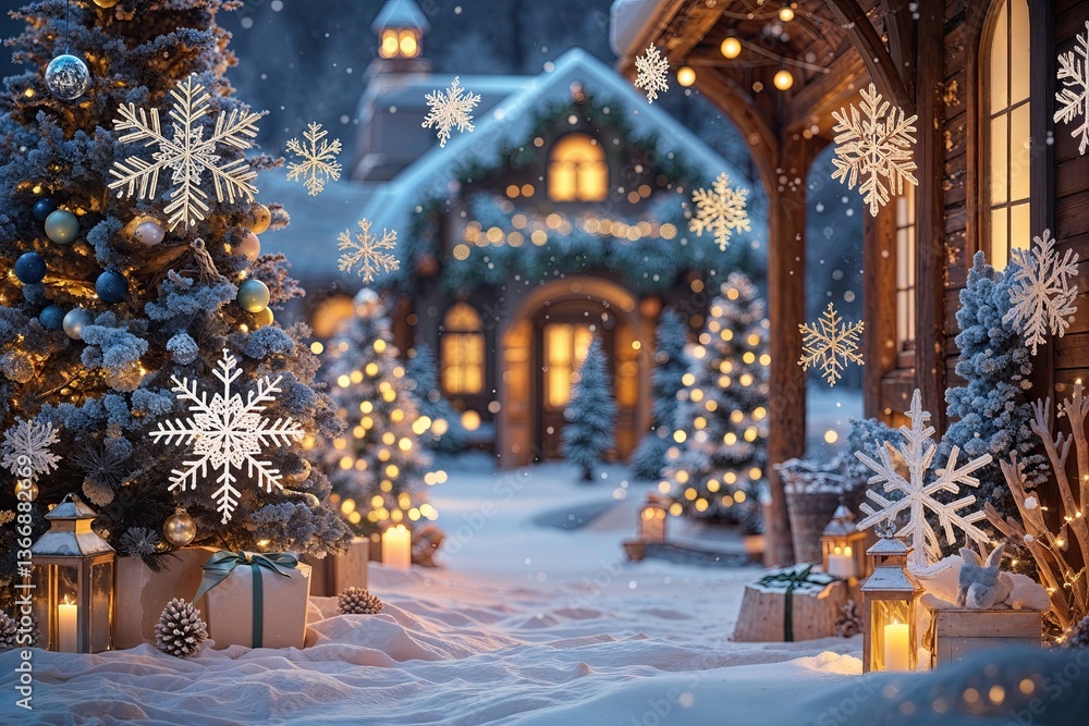 Fototapeta premium Charming Winter Decor Featuring Magical Snowflakes and Joyful Holiday Scenes