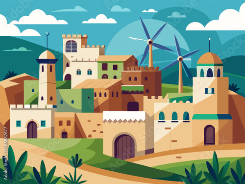 colorful illustration of traditional middle east village