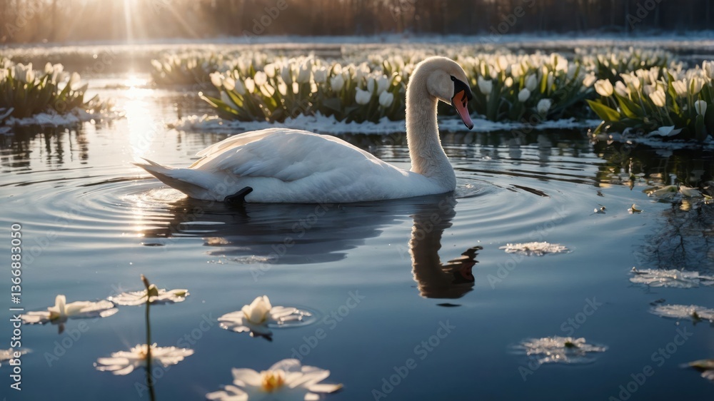 Swan Swimming in a Peaceful Lake with Lily Pads and Sunlight Swan Swimming in a Peaceful Lake with Lily Pads and Sunlight