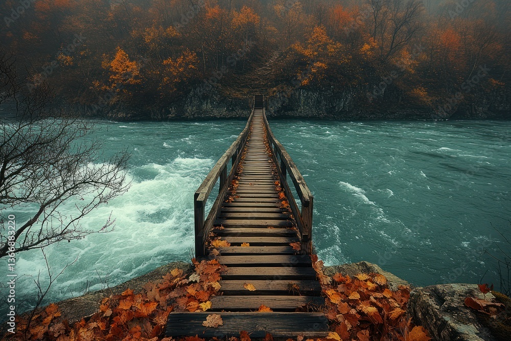 Scenic Wooden Bridge Over Turquoise River Surrounded by Autumn Foliage