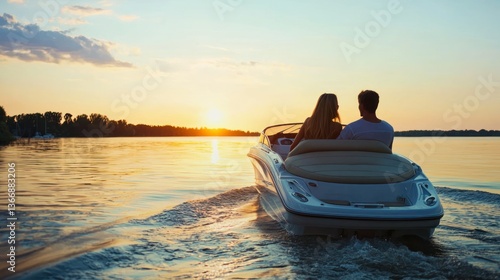 A couple enjoying a romantic sunset boat ride on a calm summer evening.