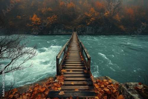 Scenic Wooden Bridge Over Turquoise River Surrounded by Autumn Foliage
