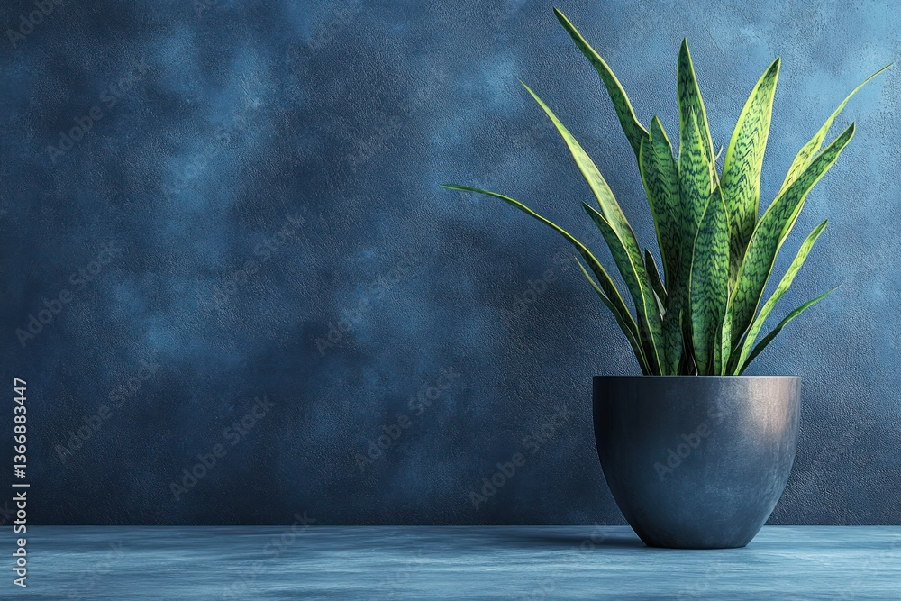 Modern Indoor Plant in Stylish Pot Against Blue Textured Wall