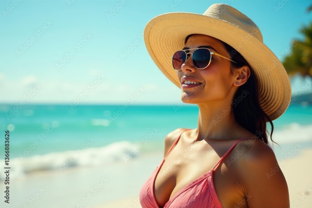 Una mujer latina en la orilla del mar con sombrero y reloj de sol, hermosa mujer, playa urbana Una mujer latina en la orilla del mar con sombrero y reloj de sol, hermosa mujer, playa urbana