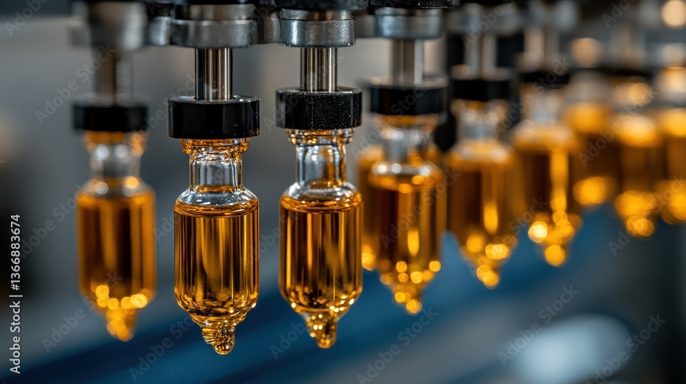 Close-Up of Automated Machinery Filling Bottles with Amber Liquid at Production Line