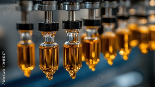 Obraz na płótnie Close-Up of Automated Machinery Filling Bottles with Amber Liquid at Production Line w salonie