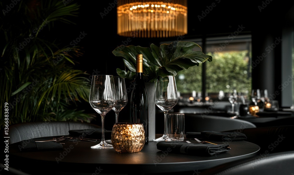 Elegant dining setting with wine bottle and glassware in modern restaurant interior