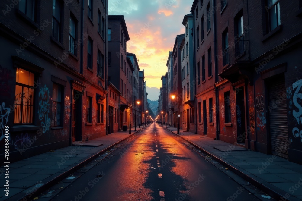 Fototapeta premium Muted city streets at dusk with graffiti and broken windows , decay, urban decay, gloomy