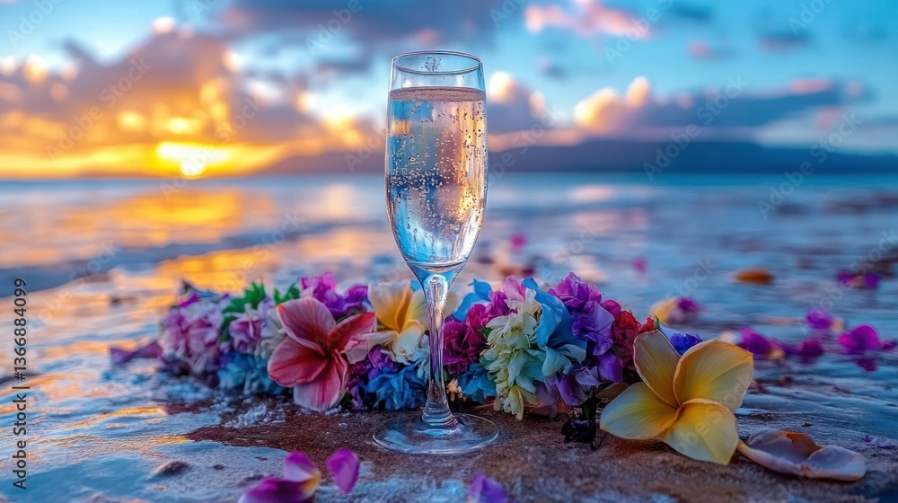 Refreshing Drink with Tropical Flowers at Sunset by the Ocean Shore