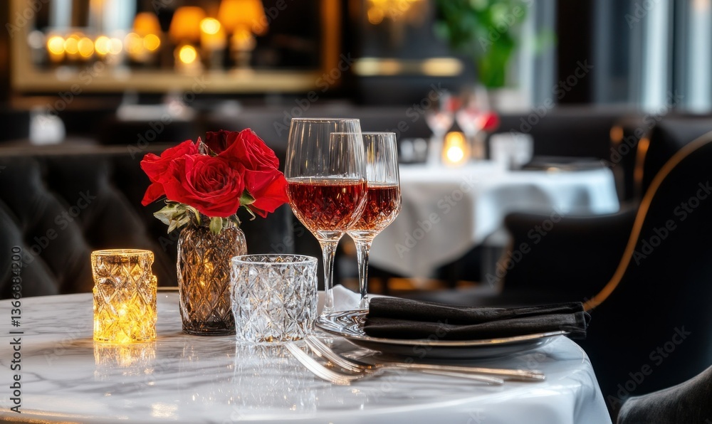 Elegant Table Setting with Red Roses and Glasses in a Chic Restaurant Ambiance