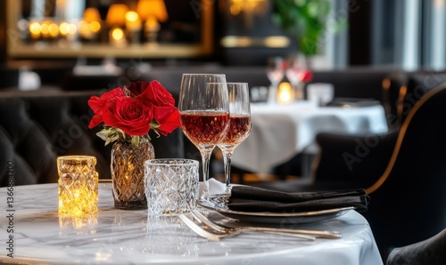Obraz na płótnie Elegant Table Setting with Red Roses and Glasses in a Chic Restaurant Ambiance w salonie
