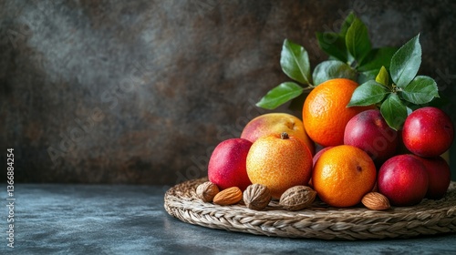 Obraz na płótnie Fresh Fruit Composition with Nuts on Woven Plate Against Rustic Background w salonie