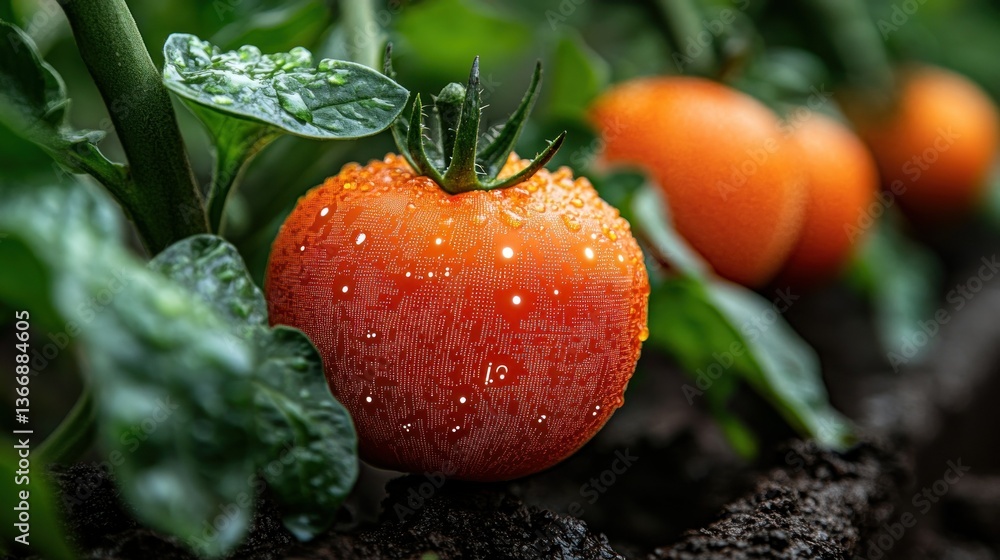 Freshly Harvested Tomato with Water Droplets in Lush Green Garden Setting