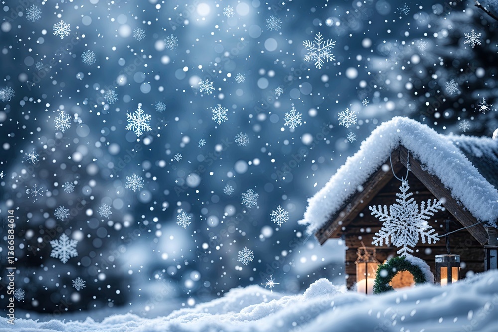 Naklejka premium Winter Wonderland Background Featuring Blurred Blue Snowflakes and Festive Holiday Decor