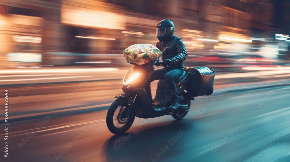 Fototapeta premium Night Delivery Scooter Rider in City