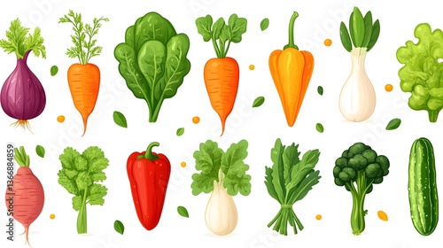 A colorful arrangement of various healthy organic vegetables and herbs including carrots peppers spinach lettuce onions and more