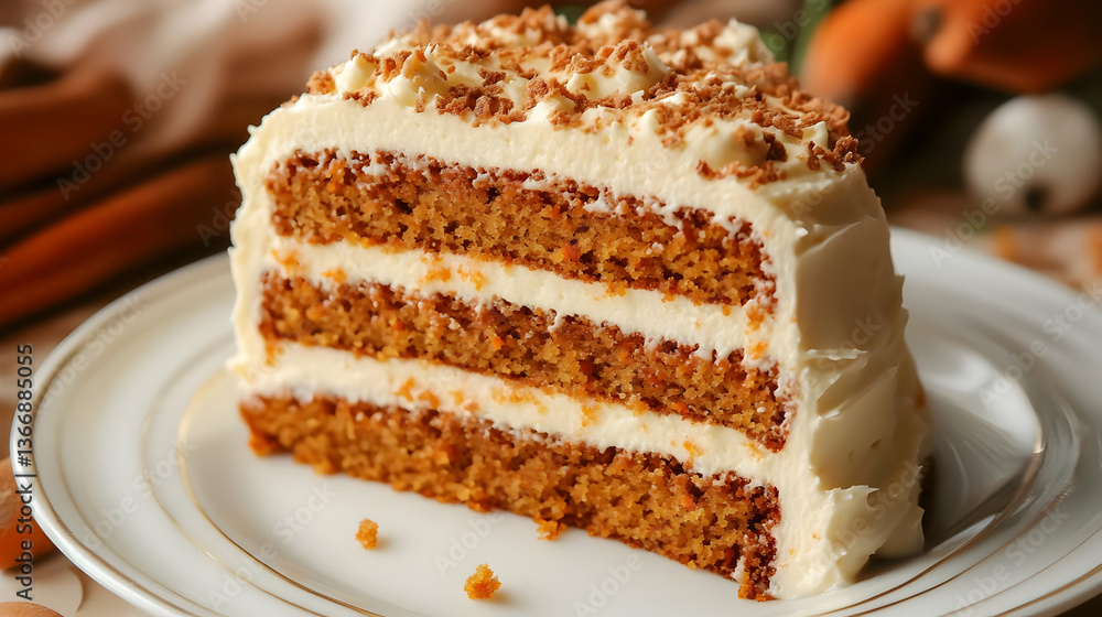 Close Up of Slice of Carrot Cake with Cream Cheese Frosting and Carrot Garnishes on White Plate in Warm Light Setting