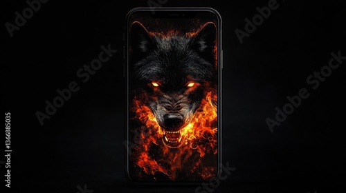 Fiery wolf phone wallpaper, dark background (1)
