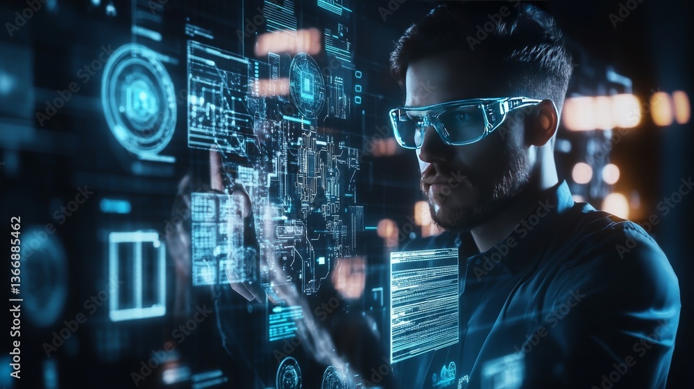 A semiconductor engineer designing advanced AI powered microchips for high performance computing, futuristic chip lab with live data, High-tech style A semiconductor engineer designing advanced AI powered microchips for high performance computing, futuristic chip lab with live data, High-tech style