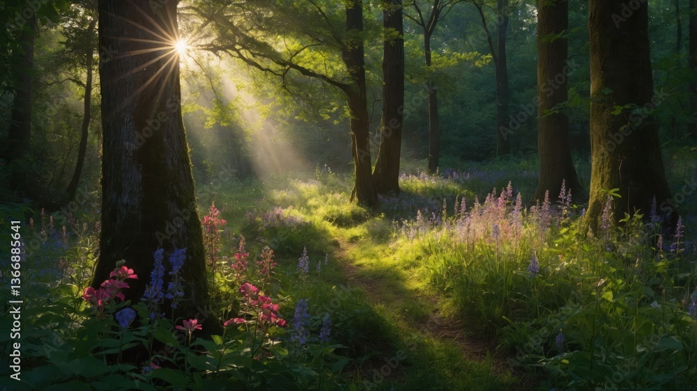 Fototapeta premium Sunlight Streaming Through Trees in a Forest with Wildflowers