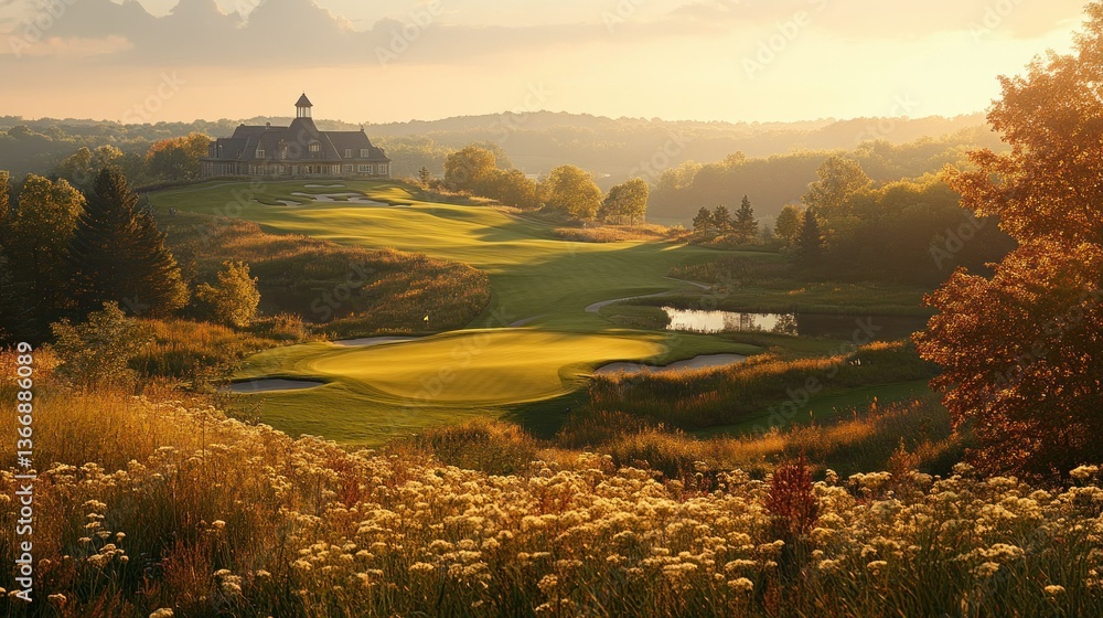 Scenic Golf Course Landscape with Lush Greens and Golden Evening Light