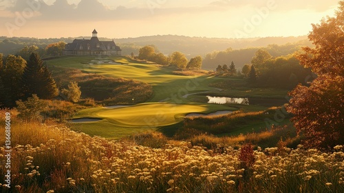 Obraz na płótnie Scenic Golf Course Landscape with Lush Greens and Golden Evening Light w salonie