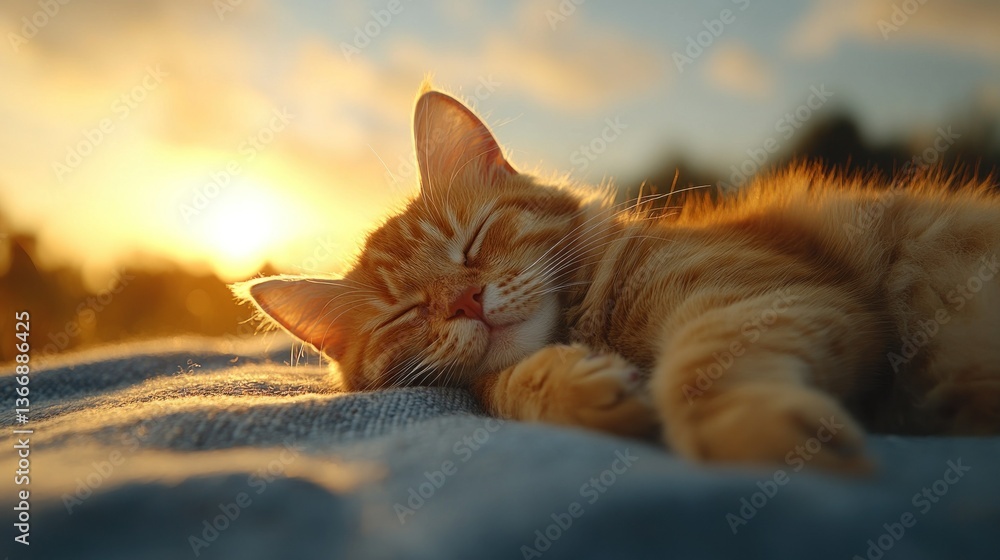 Cozy Ginger Cat Napping Peacefully at Sunset with Soft Golden Light