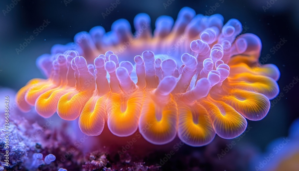 Vibrant Coral Reef Structure with Luminous Tentacles Illuminated by Light