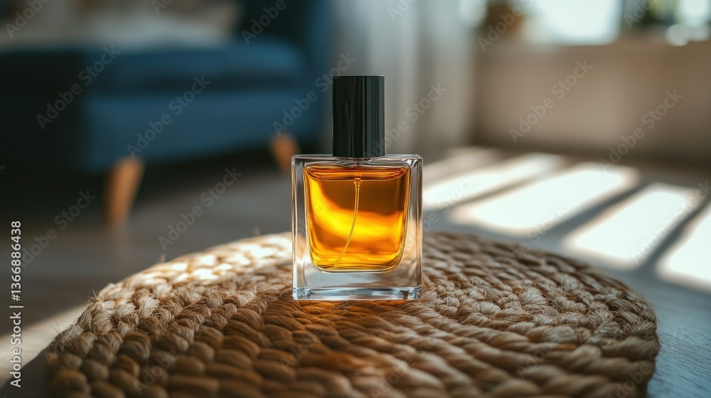 Elegant Glass Perfume Bottle with Warm Liquid in Natural Light Setting