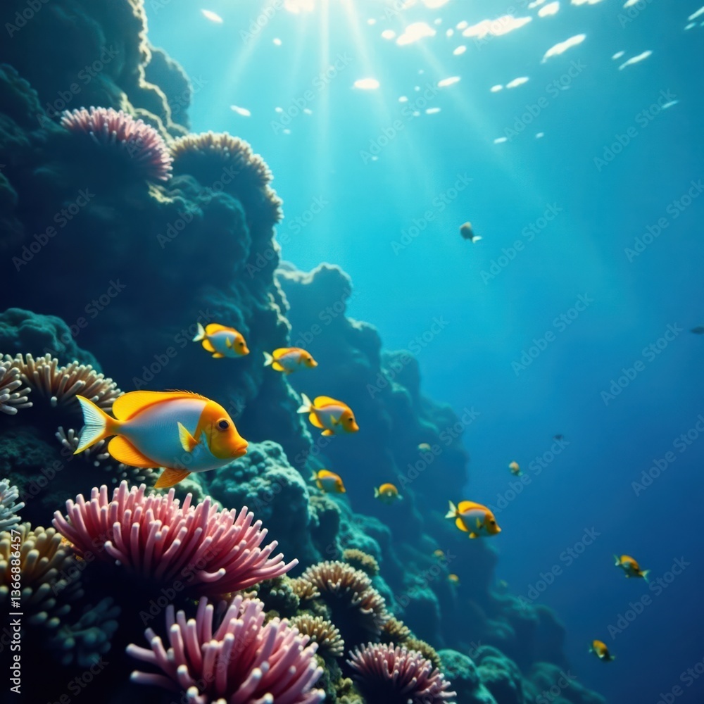 Obraz premium School of colorful fish swim in the ocean, waves, aquatic life