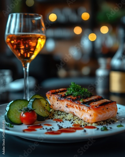 Grilled Salmon on Quinoa Bed with Glass of White Wine and Side Vegetables