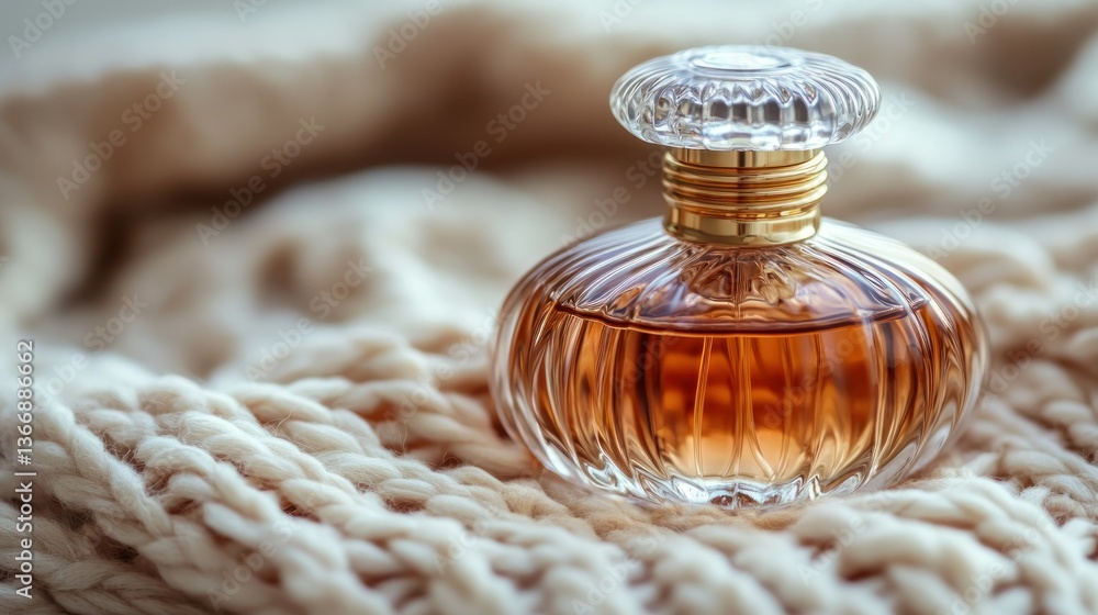 Elegant Vintage perfume bottle on soft knitted fabric background