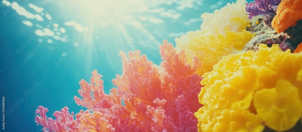 Vibrant Coral Reef Underwater with Sunlight and Colorful Marine Life