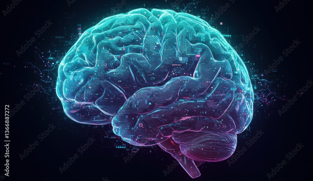 Digital brain with neon blue and purple lights representing technology and artificial intelligence. Digital brain with neon blue and purple lights representing technology and artificial intelligence.