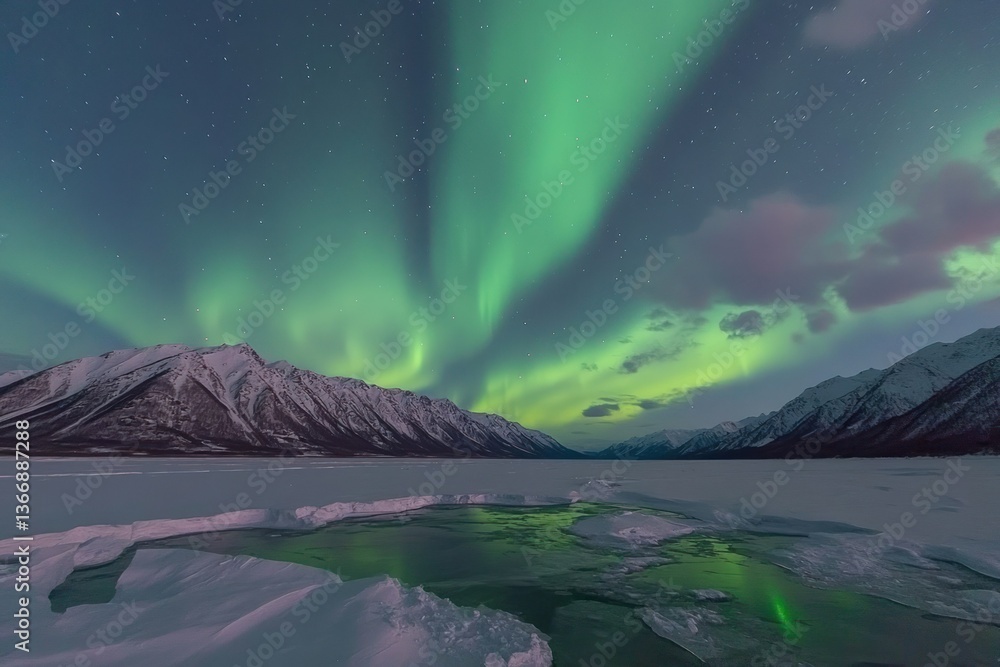 Majestic Aurora Borealis Illuminating Snowy Mountain Landscape at Night