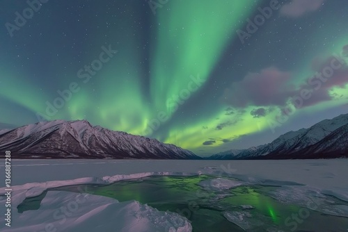 Obraz na płótnie Majestic Aurora Borealis Illuminating Snowy Mountain Landscape at Night w salonie