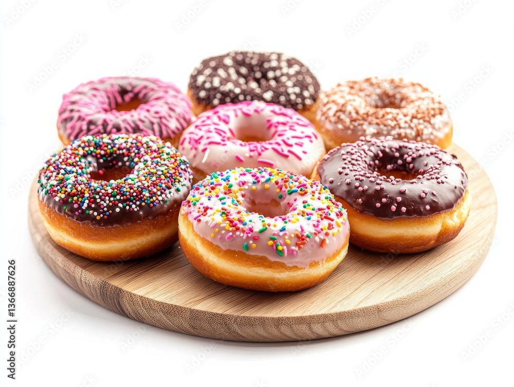 Assorted doughnuts with sprinkles and chocolate on a wooden board, isolated against a white background. Assorted doughnuts with sprinkles and chocolate on a wooden board, isolated against a white background.