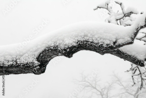 Obraz na płótnie Snow-Covered Tree Branch Under Soft White Winter Light and Misty Background w salonie