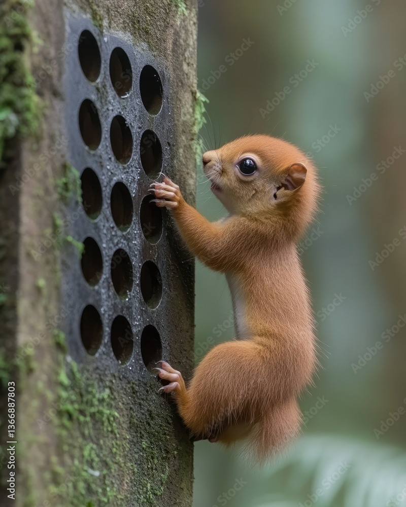 Adorable Red Squirrel Climbing on Tree Trunk with Circular Holes