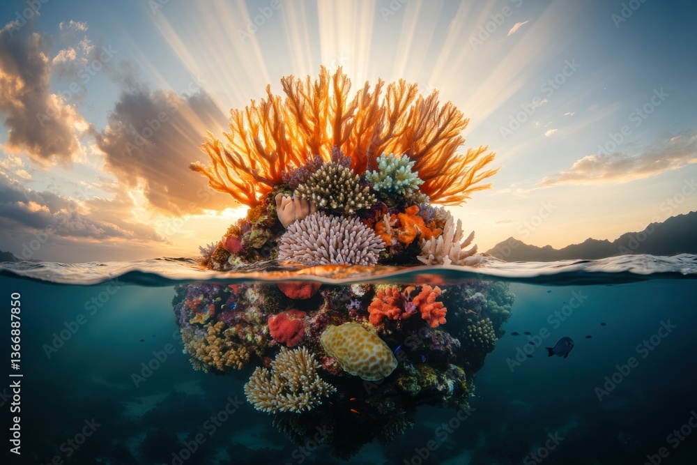 Stunning Underwater Coral Reef with Vibrant Colors and Beautiful Sunlight