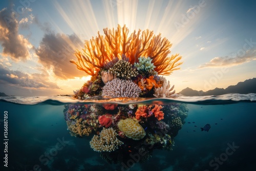 Obraz na płótnie Stunning Underwater Coral Reef with Vibrant Colors and Beautiful Sunlight w salonie